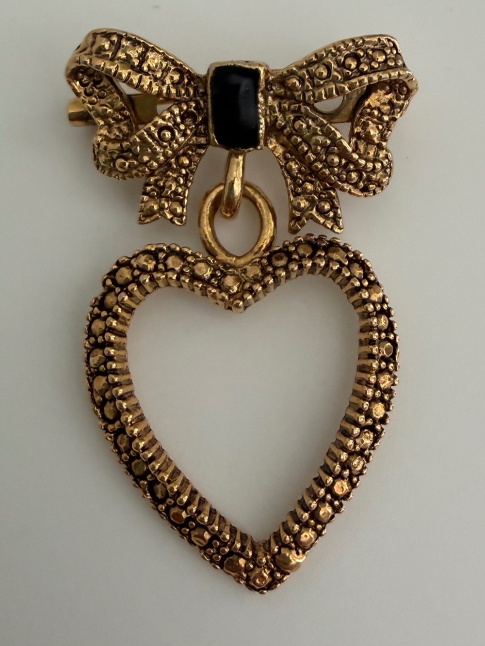 Vintage Gold Tone Heart Bow Dangle Brooch